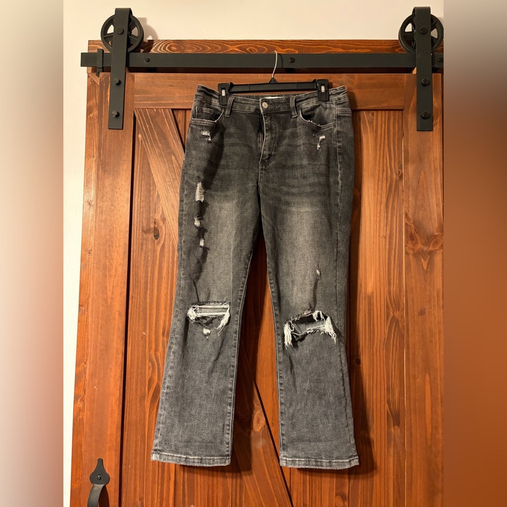 Women's Distressed Gray Straight Leg Jeans